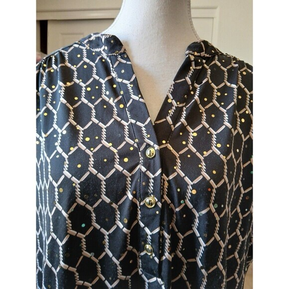 JOIE DE VIVRE WOMENS BLOUSE  TOP PLUS SIZE 2X BLACK  GOLD SLEEVELESS HENLEY NECK - Picture 6 of 13